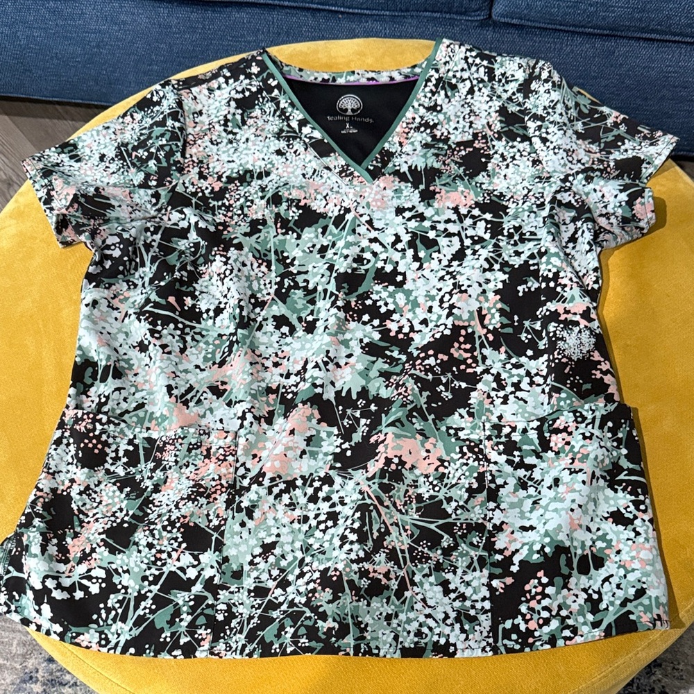 Healing Hands Black and Green Floral Scrub Top